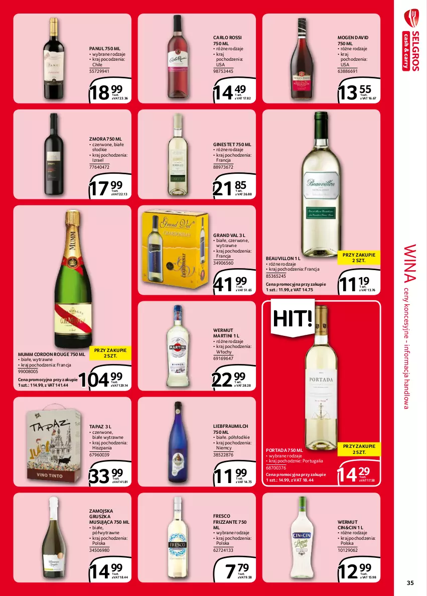 Gazetka promocyjna Selgros - Extra Oferta - ważna 01.09 do 30.09.2021 - strona 35 - produkty: Carlo Rossi, Fresco, Gin, Gra, Martini, Mogen David, Mus, Por, Portada