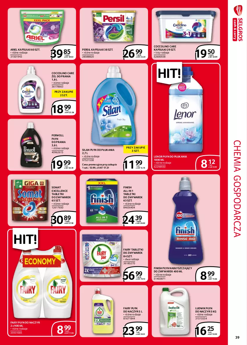 Gazetka promocyjna Selgros - Extra Oferta - ważna 01.09 do 30.09.2021 - strona 39 - produkty: Ariel, Coccolino, Fa, Fairy, Finish, Lenor, Ludwik, Persil, Perwoll, Płyn do płukania, Płyn do prania, Płyn nabłyszczający, Silan, Somat, Tablet