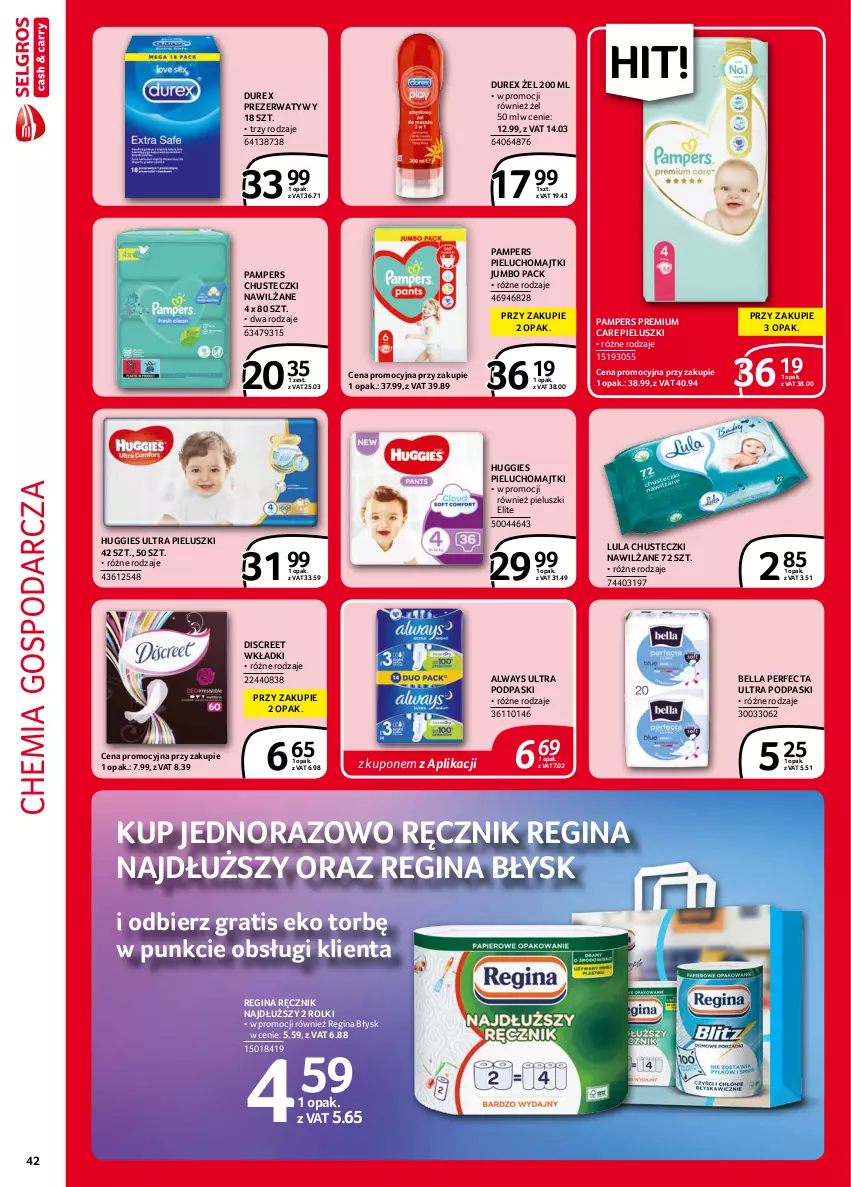 Gazetka promocyjna Selgros - Extra Oferta - ważna 01.09 do 30.09.2021 - strona 42 - produkty: Always, Always Ultra, Bell, Bella, Chusteczki, Discreet, Durex, Gin, Gra, Huggies, Majtki, Pampers, Perfecta, Pieluchomajtki, Podpaski, Prezerwatyw, Ręcznik, Rolki, Wkładki