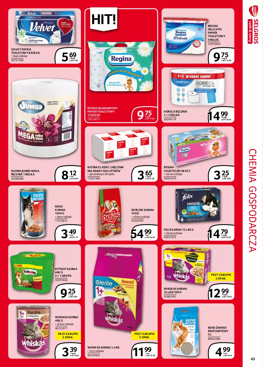 Gazetka promocyjna Selgros - Extra Oferta - ważna 01.09 do 30.09.2021 - strona 43 - produkty: Chusteczki, Felix, Gin, Gra, KiteKat, Papier, Papier toaletowy, Ręcznik, Rum, Velvet, Whiskas