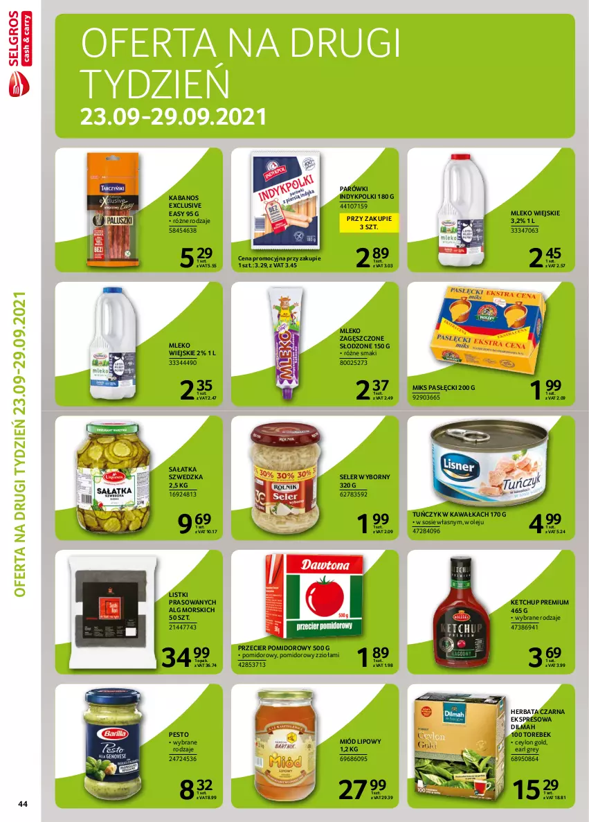 Gazetka promocyjna Selgros - Extra Oferta - ważna 01.09 do 30.09.2021 - strona 44 - produkty: Dilmah, Earl Grey, Herbata, Herbata czarna, Kabanos, Kawa, Ketchup, LG, Miód, Mleko, Mleko zagęszczone, Olej, Parówki, Pesto, Sałat, Sałatka, Sos, Tuńczyk