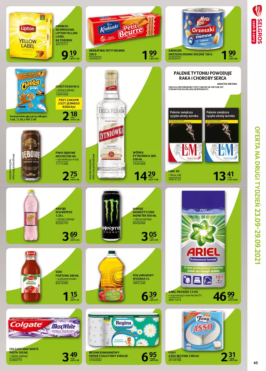 Gazetka promocyjna Selgros - Extra Oferta - ważna 01.09 do 30.09.2021 - strona 45 - produkty: Ariel, Cheetos, Colgate, Fa, Fortuna, Foxy, Gin, Herbata, Herbatniki, Herbatniki Petit Beurre, LG, Lipton, Napoje, Orzeszki, Orzeszki ziemne, Papier, Papier toaletowy, Piwo, Ręcznik, Rolki, Rum, Schweppes, Ser, Sok, Sok jabłkowy, Wódka, Wosana