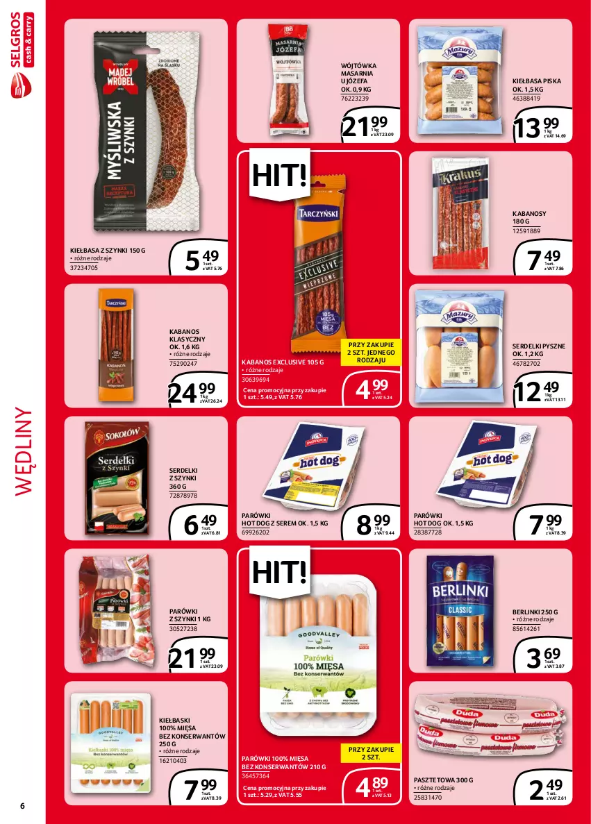 Gazetka promocyjna Selgros - Extra Oferta - ważna 01.09 do 30.09.2021 - strona 6 - produkty: Berlinki, Fa, Hot dog, Kabanos, Kiełbasa, Parówki, Parówki hot dog, Parówki z szynki, Pasztet, Ser, Serdelki