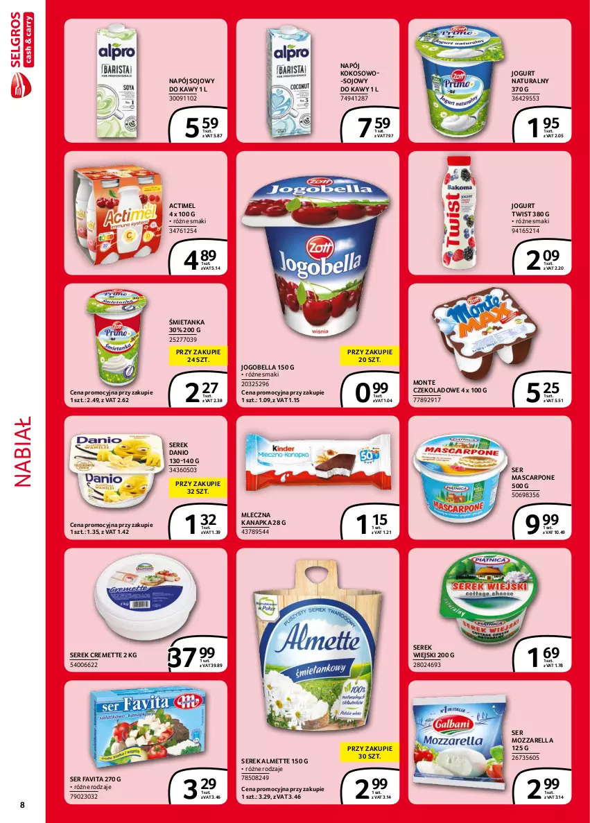 Gazetka promocyjna Selgros - Extra Oferta - ważna 01.09 do 30.09.2021 - strona 8 - produkty: Actimel, Almette, Bell, Bella, Danio, Fa, Favita, Jogobella, Jogurt, Jogurt naturalny, Kokos, Mascarpone, Mleczna kanapka, Monte, Mozzarella, Napój, Ser, Serek, Serek wiejski