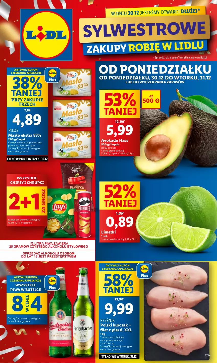 Gazetka promocyjna Lidl - GAZETKA - ważna 30.12 do 31.12.2024 - strona 1 - produkty: Chipsy, Chrupki, Kurczak, Masło, Pilos, Piwa