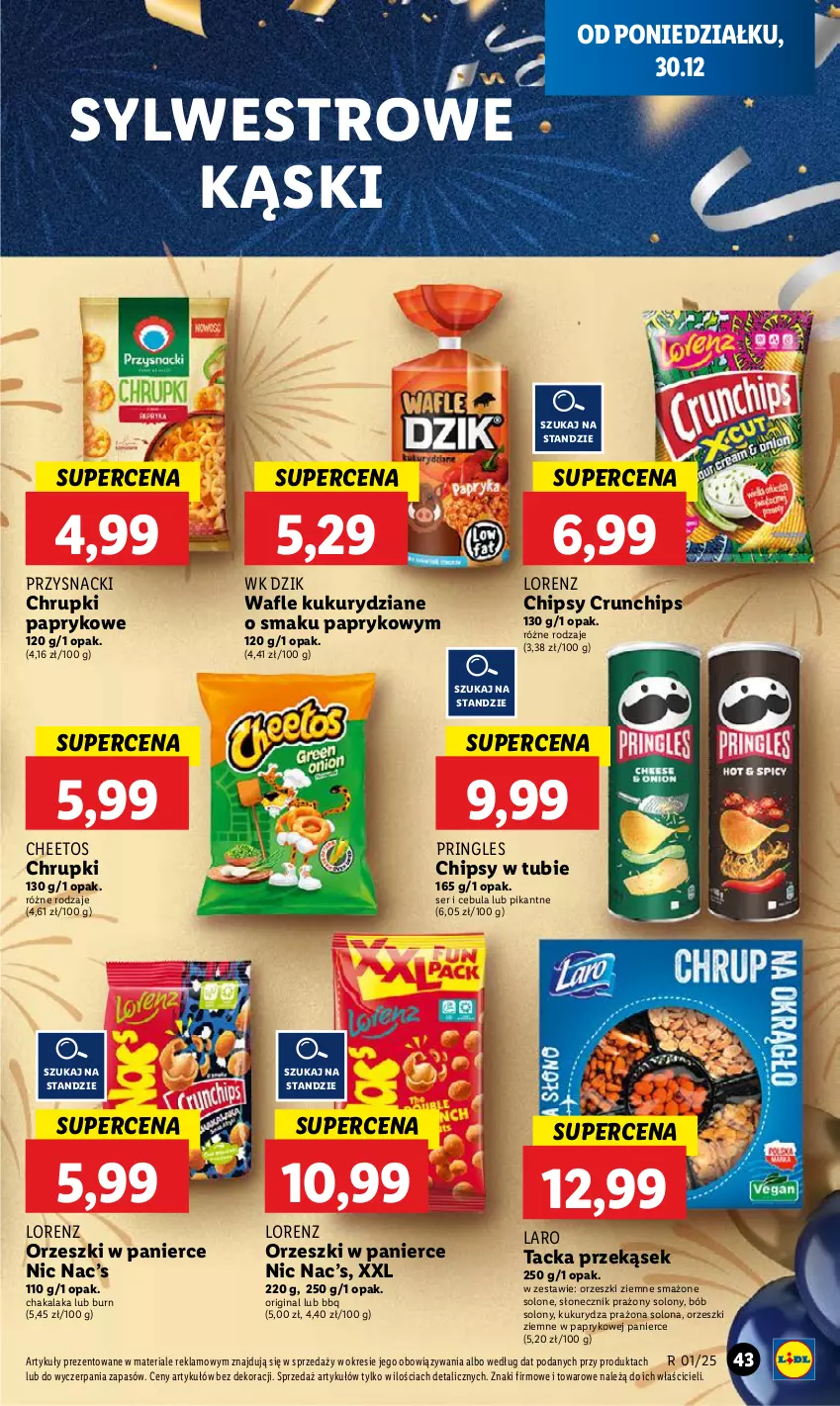 Gazetka promocyjna Lidl - GAZETKA - ważna 30.12 do 31.12.2024 - strona 47 - produkty: Cebula, Cheetos, Chipsy, Chrupki, Crunchips, Gin, Kukurydza, Lorenz, Orzeszki, Orzeszki ziemne, Pringles, Przysnacki, Ser, Słonecznik prażony, Wafle