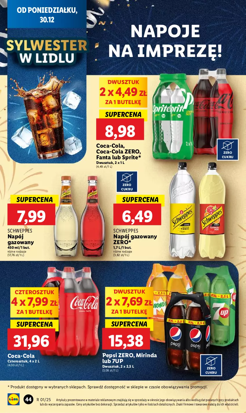 Gazetka promocyjna Lidl - GAZETKA - ważna 30.12 do 31.12.2024 - strona 48 - produkty: 7up, Coca-Cola, Fa, Fanta, Mirinda, Napój, Napój gazowany, Napoje, Pepsi, Schweppes, Sprite