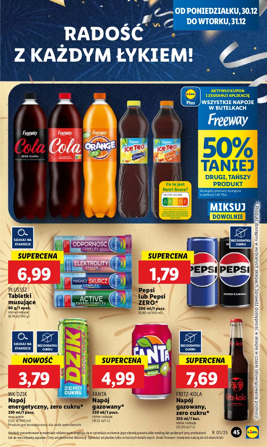 Gazetka promocyjna Lidl - GAZETKA - ważna 30.12 do 31.12.2024 - strona 49 - produkty: Fa, Fanta, Mus, Napój, Napój energetyczny, Napój gazowany, Napoje, Pepsi, Tablet, Tabletki musujące