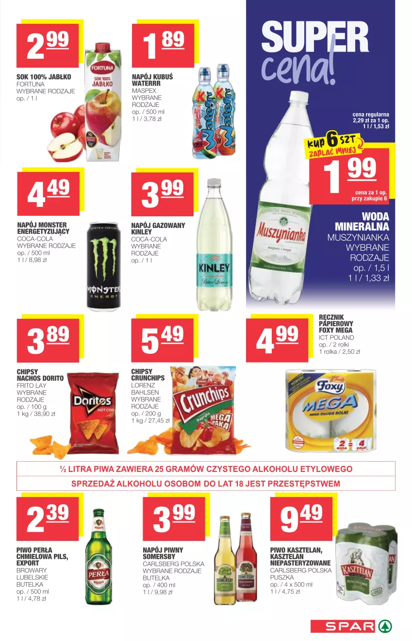 Gazetka promocyjna Spar - Spar - ważna 02.06 do 08.06.2021 - strona 7 - produkty: Carlsberg, Chipsy, Chipsy nachos, Coca-Cola, Fortuna, Foxy, Kasztelan, Kubuś, Lorenz, Mus, Muszynianka, Napój, Papier, Perła, Piwo, Por, Ręcznik, Rolki, Sok, Somersby, Woda