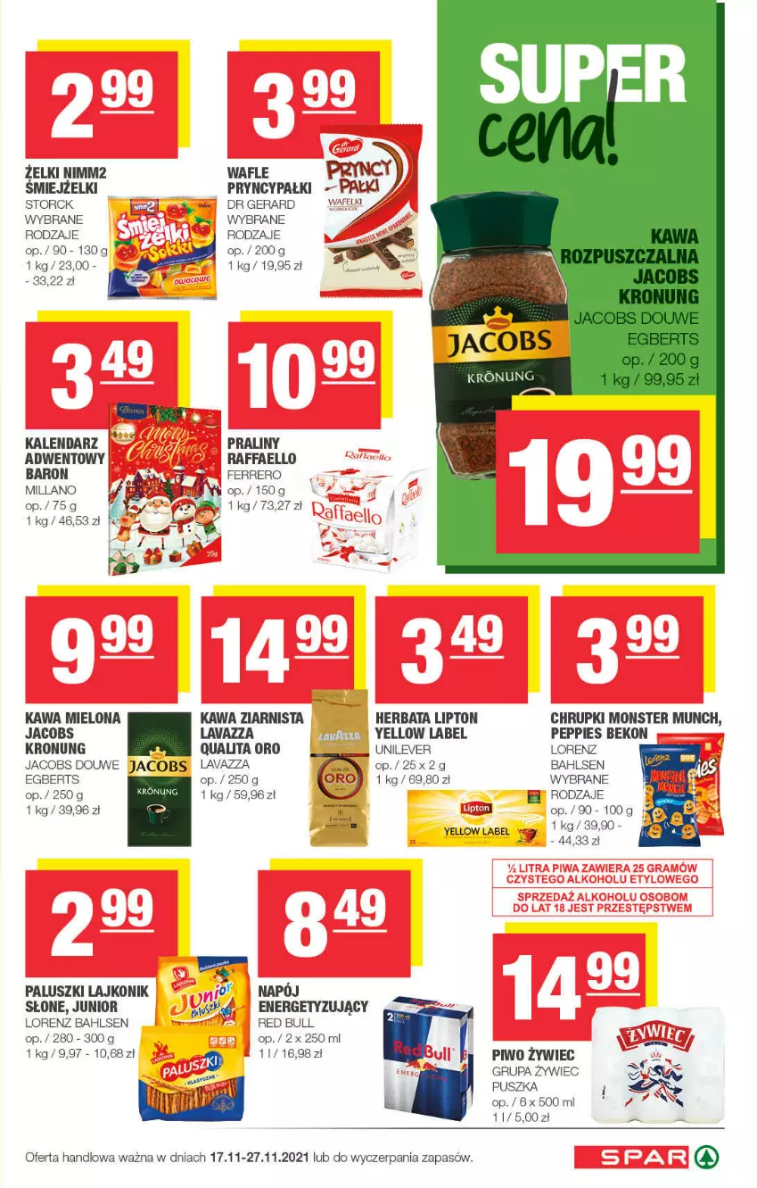 Gazetka promocyjna Spar - ważna 14.11 do 24.11.2021 - strona 7 - produkty: Beko, Chrupki, Dr Gerard, Fa, Ferrero, Herbata, Jacobs, Kalendarz, Kawa, Kawa mielona, Kawa ziarnista, Lajkonik, Lavazza, Lipton, Lorenz, Monster Munch, Nimm2, Piwo, Praliny, Raffaello, Red Bull, Wafle