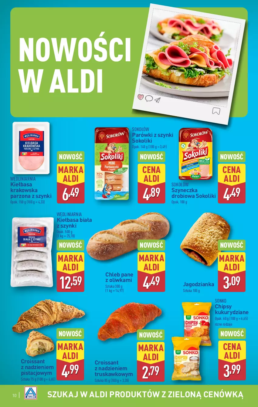 Gazetka promocyjna Aldi - Pełna oferta - ważna 12.05 do 17.05.2025 - strona 10 - produkty: Chipsy, Chleb, Croissant, Jagodzianka, Kiełbasa, Kiełbasa biała, Kiełbasa krakowska, Parówki, Parówki z szynki, Sok, Sokołów, Sonko