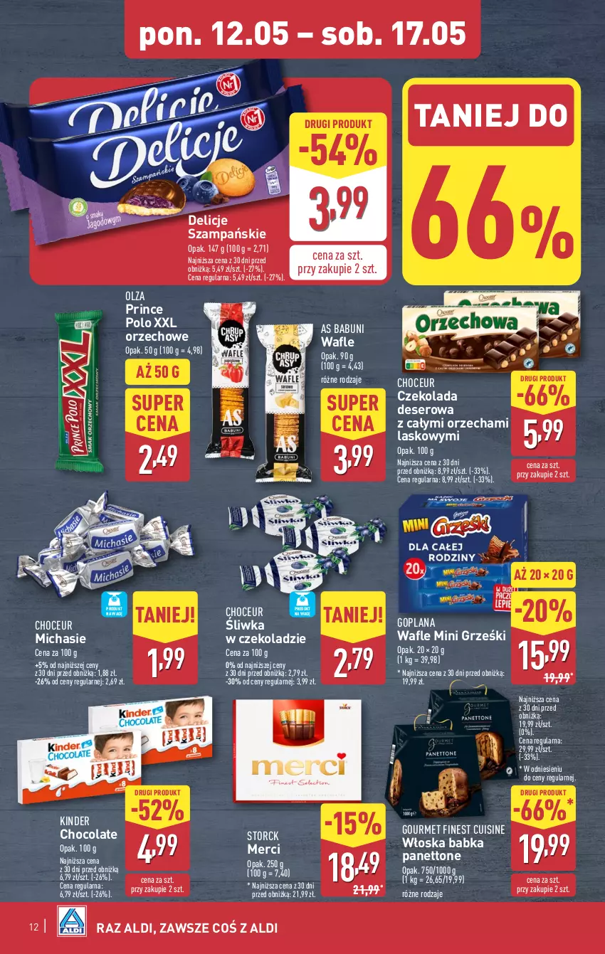 Gazetka promocyjna Aldi - Pełna oferta - ważna 12.05 do 17.05.2025 - strona 12 - produkty: Babka, Babuni, Czekolada, Delicje, Deser, Goplana, Grześki, Kinder, LANA, Merci, Mini Grześki, Prince Polo, Ser, Wafle