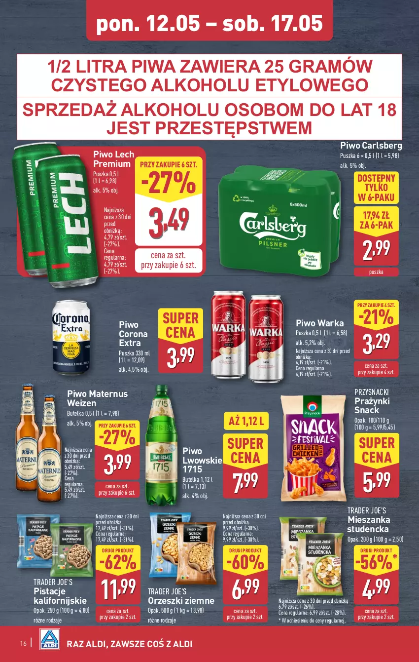 Gazetka promocyjna Aldi - Pełna oferta - ważna 12.05 do 17.05.2025 - strona 16 - produkty: Carlsberg, Corona Extra, Gra, Lech Premium, Mieszanka studencka, Orzeszki, Orzeszki ziemne, Pistacje, Piwa, Piwo, Przysnacki, Warka