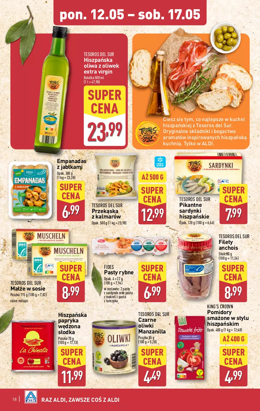 Gazetka promocyjna Aldi - Pełna oferta - ważna 12.05 do 17.05.2025 - strona 18 - produkty: Gin, Jabłka, Kalmar, King’s Crown, Małże, Oliwa z oliwek, Oliwki, Papryka, Papryka wędzona, Pomidory, Sardynki, Sos, Tuńczyk