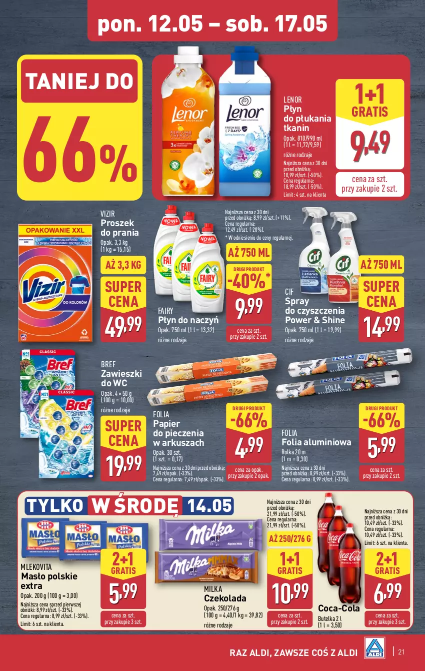 Gazetka promocyjna Aldi - Pełna oferta - ważna 12.05 do 17.05.2025 - strona 21 - produkty: Bref, Cif, Coca-Cola, Czekolada, Fa, Fairy, Folia aluminiowa, Gra, Lenor, Masło, Milka, Mleko, Mlekovita, Papier, Papier do pieczenia, Piec, Płyn do płukania, Proszek do prania, Spray do czyszczenia, Vizir, Zawieszki