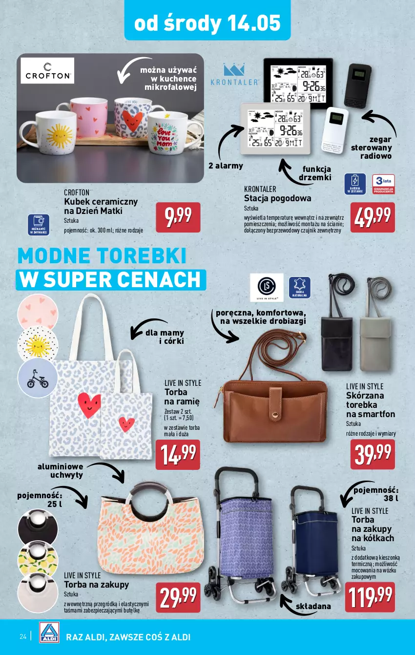 Gazetka promocyjna Aldi - Pełna oferta - ważna 12.05 do 17.05.2025 - strona 24 - produkty: Bateria, Bezprzewodowy czujnik, Czujnik zewnętrzny, Fa, Kubek, Piec, Por, Smartfon, Stacja pogodowa, Torba, Torba na zakupy, Torebka, Uchwyty, Zegar