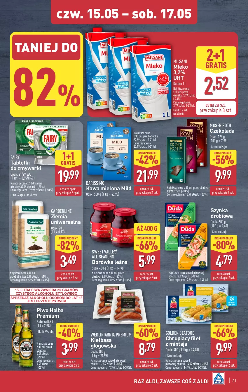Gazetka promocyjna Aldi - Pełna oferta - ważna 12.05 do 17.05.2025 - strona 31 - produkty: All Seasons, Borówka, Czekolada, Fa, Fairy, Filet z mintaja, Golden Seafood, Gra, Kawa, Kawa mielona, Kiełbasa, Kiełbasa głogowska, Mintaj, Mleko, Moser Roth, Piwa, Piwo, Ser, Szynka, Tablet, Tabletki do zmywarki, Zmywarki