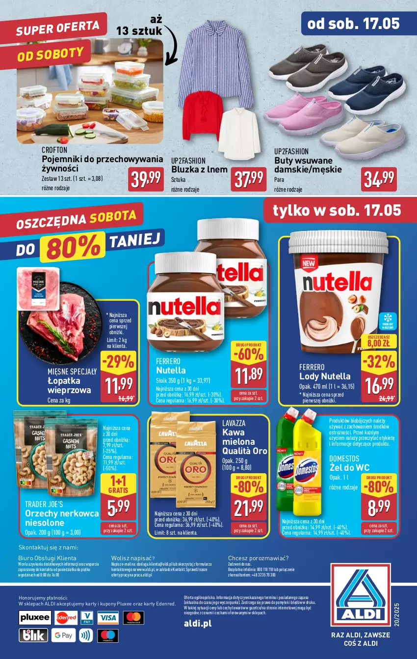 Gazetka promocyjna Aldi - Pełna oferta - ważna 12.05 do 17.05.2025 - strona 40 - produkty: Biuro, Buty, Domestos, Fa, Ferrero, Gra, Kawa, Kawa mielona, Lavazza, Lody, Mięsne specjały, Nutella, O nas, Pojemnik, Por