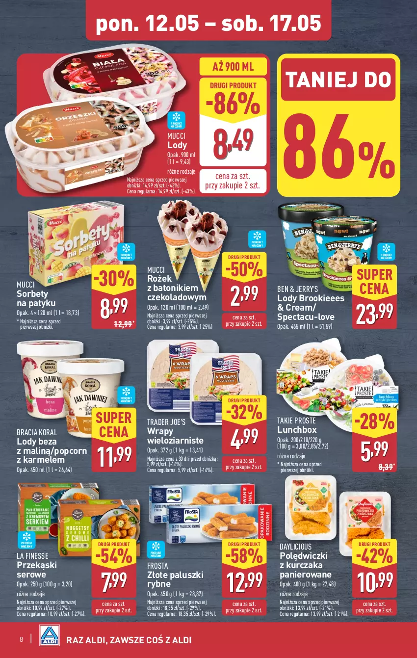 Gazetka promocyjna Aldi - Pełna oferta - ważna 12.05 do 17.05.2025 - strona 8 - produkty: Baton, Frosta, Kurczak, Lody, Paluszki rybne, Polędwiczki z kurczaka, Popcorn, Ser, Tonik