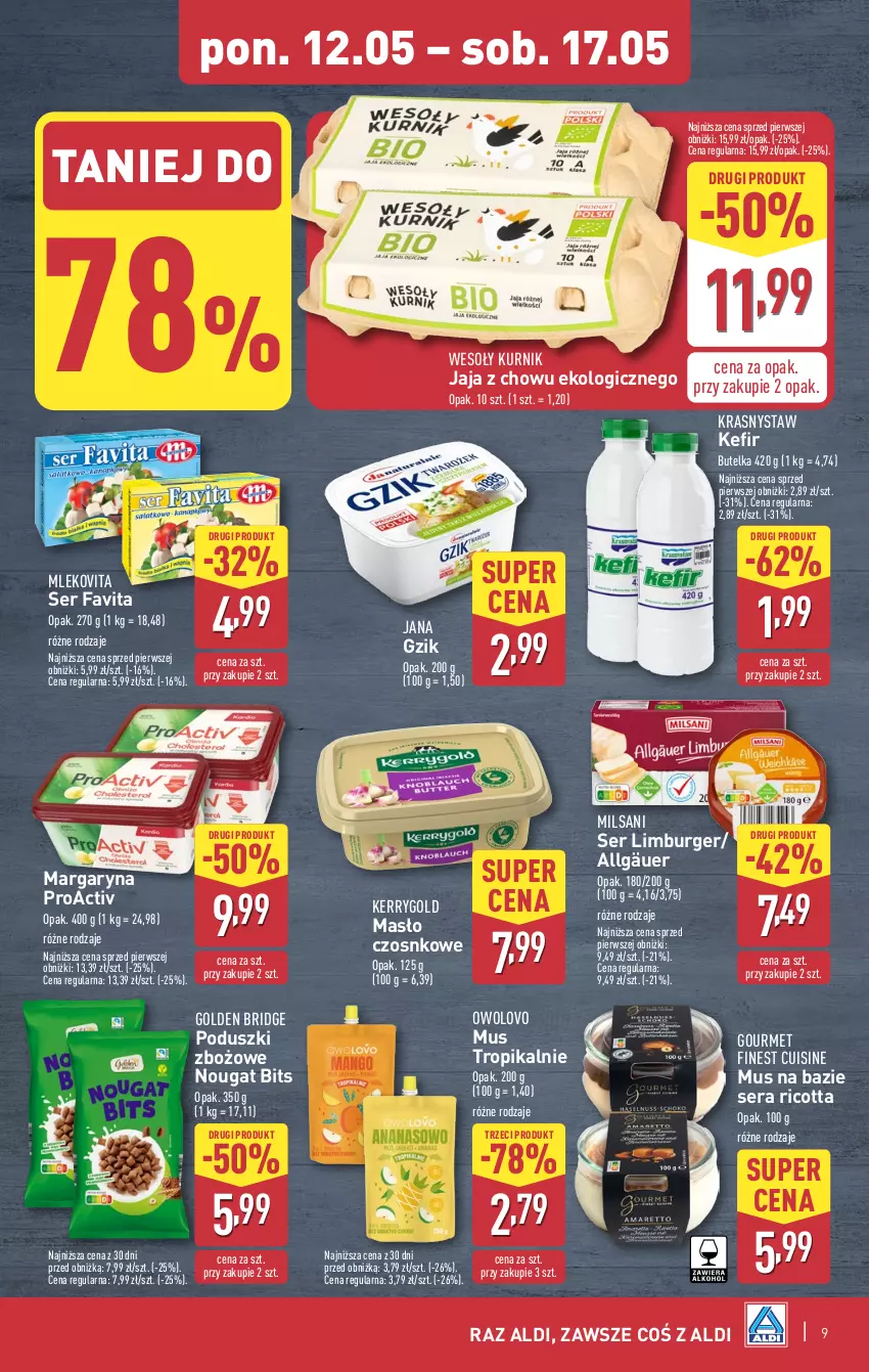 Gazetka promocyjna Aldi - Pełna oferta - ważna 12.05 do 17.05.2025 - strona 9 - produkty: Burger, Fa, Favita, Jaja, Kefir, LG, Limburger, Margaryna, Masło, Mleko, Mlekovita, Mus, Ricotta, Ser