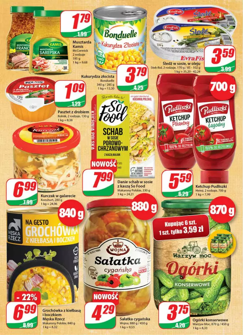 Gazetka promocyjna Dino - Gazetka - ważna 27.07 do 02.08.2022 - strona 8 - produkty: Bonduelle, Chrzan, Gala, Groch, Heinz, Kamis, Ketchup, Kukurydza, Kurczak, LG, Makaron, Mus, Musztarda, Ogórki konserwowe, Olej, Pasztet, Pudliszki, Rolnik, Sałat, Sałatka, Ser, So Food, Sos, Stek