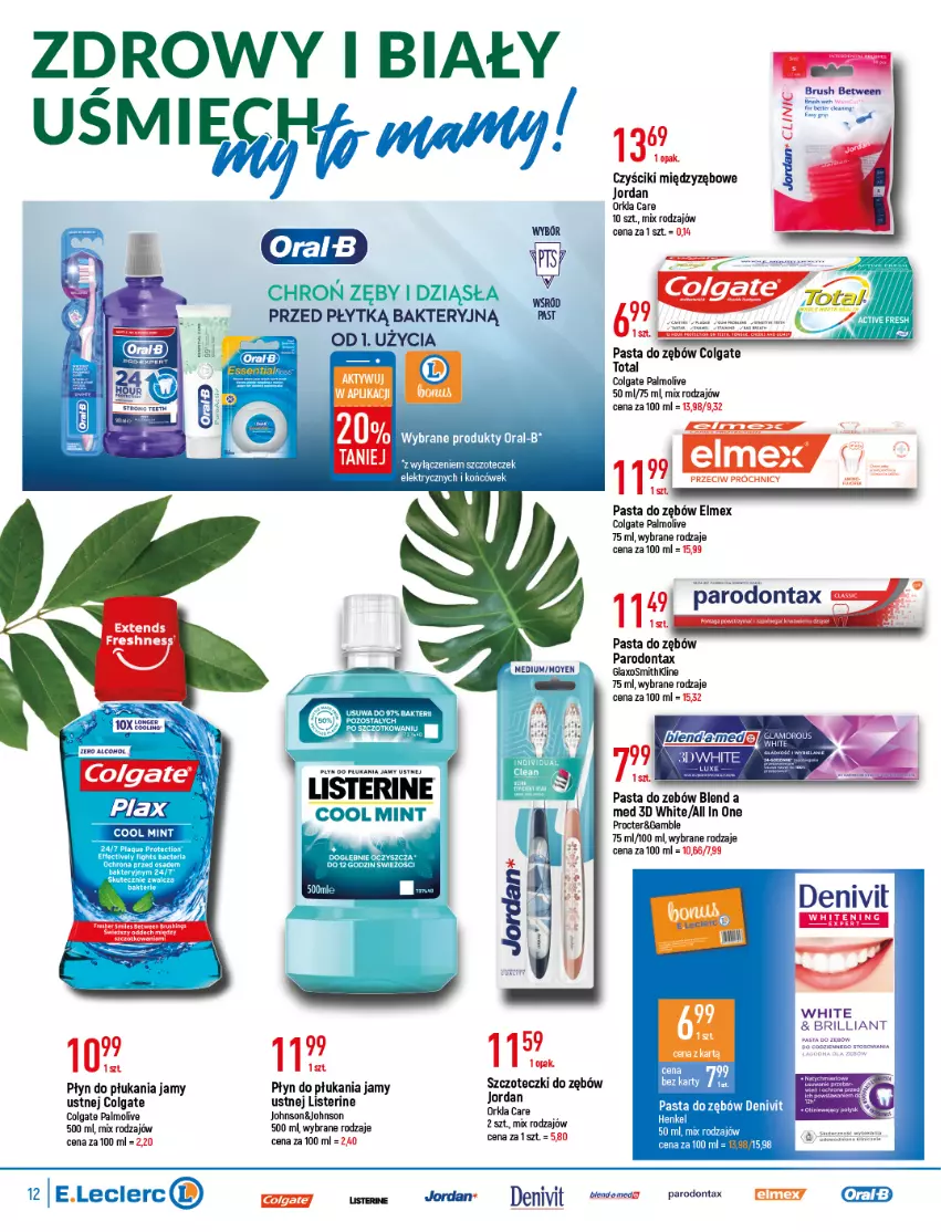 Gazetka promocyjna E Leclerc - ważna 26.04 do 07.05.2022 - strona 12 - produkty: Colgate, Denivit, Elmex, LG, Listerine, Oral B, Palmolive, Parodontax, Pasta do zębów, Płyn do płukania, Płyn do płukania jamy ustnej