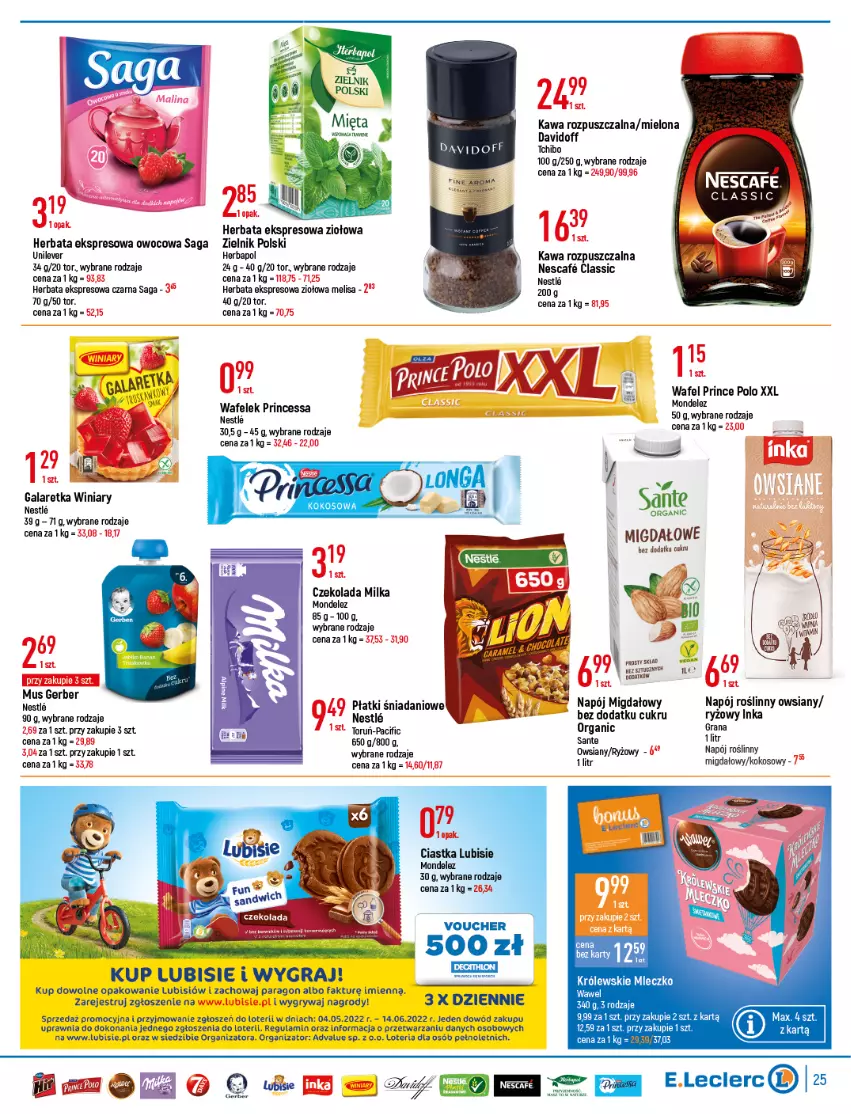 Gazetka promocyjna E Leclerc - ważna 26.04 do 07.05.2022 - strona 25 - produkty: Ciastka, Cif, Czekolada, Danio, Davidoff, Fa, Gala, Galaretka, Gerber, Gra, Gry, Herbapol, Herbata, Inka, Kawa, Kawa rozpuszczalna, Kokos, Królewski, Królewskie Mleczko, Lubisie, Milka, Mleczko, Mus, Napój, Napój roślinny, Prince Polo, Princessa, Ryż, Saga, Sante, Tchibo, Wafelek, Winiary