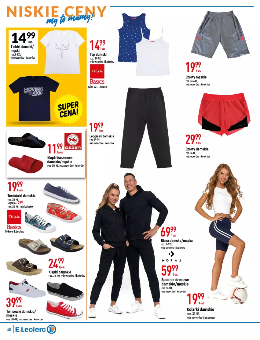 Gazetka promocyjna E Leclerc - ważna 26.04 do 07.05.2022 - strona 30 - produkty: Bluza, Dres, Gin, Klapki, Legginsy, Spodnie, Spodnie dresowe, Szorty, T-shirt, Tenisówki, Top