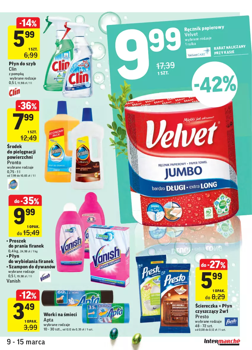 Gazetka promocyjna Intermarche - ważna 09.03 do 15.03.2021 - strona 43 - produkty: Clin, Dywan, Papier, Płyn do szyb, Presto, Pronto, Proszek do prania, Ręcznik, Szampon, Vanish, Velvet, Worki na śmiec, Worki na śmieci