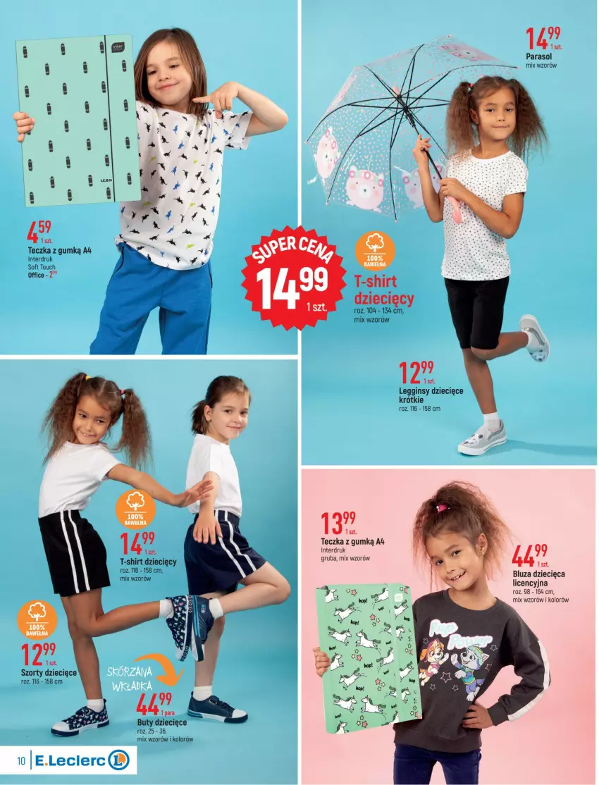 Gazetka promocyjna E Leclerc - ważna 16.08 do 28.08.2022 - strona 10 - produkty: Bluza, Buty, Dzieci, Gin, Legginsy, Parasol, Szorty, T-shirt, Wełna