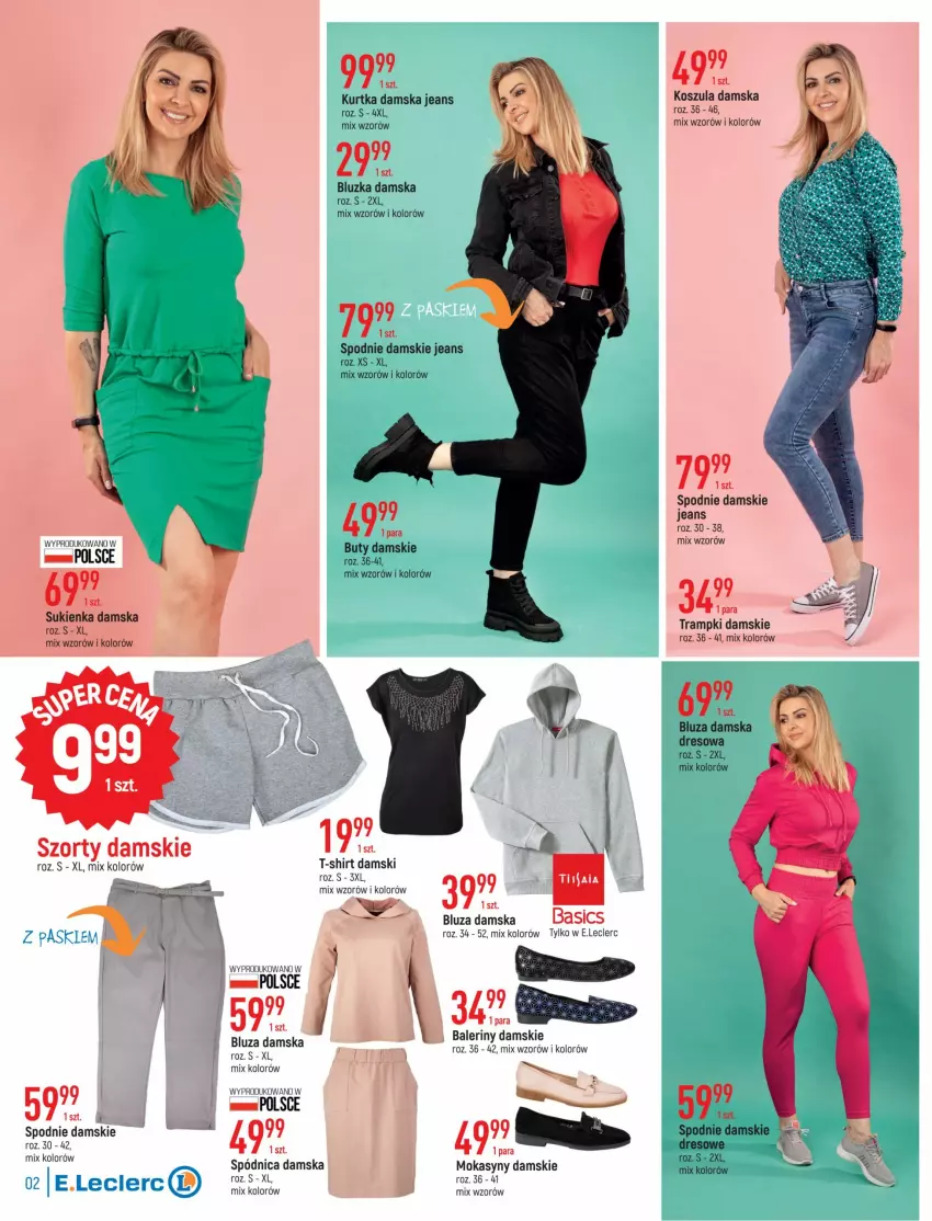 Gazetka promocyjna E Leclerc - ważna 16.08 do 28.08.2022 - strona 2 - produkty: Baleriny, Bluza, Buty, Dres, Kosz, Koszula, Kurtka, Mokasyny, Spódnica, Spodnie, Sukienka, Szorty, T-shirt, Trampki