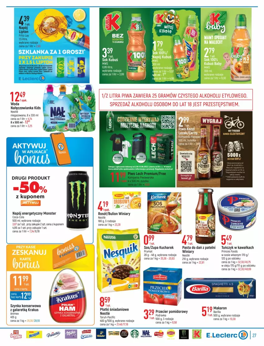 Gazetka promocyjna E Leclerc - ważna 16.08 do 28.08.2022 - strona 27 - produkty: Bulion, Cif, Coca-Cola, Danio, Fa, Gala, Gra, Gry, Kawa, Kosz, Kozel, Krakus, Kubuś, Kucharek, Lion, Nałęczowianka, Napój, Napój energetyczny, Olej, Piec, Podravka, Prymat, Rosół, Rower, Rower elektryczny, Ser, Sok, Sos, Szklanka, Szynka, Szynka konserwowa, Tuńczyk, Winiary, Woda, Zupa