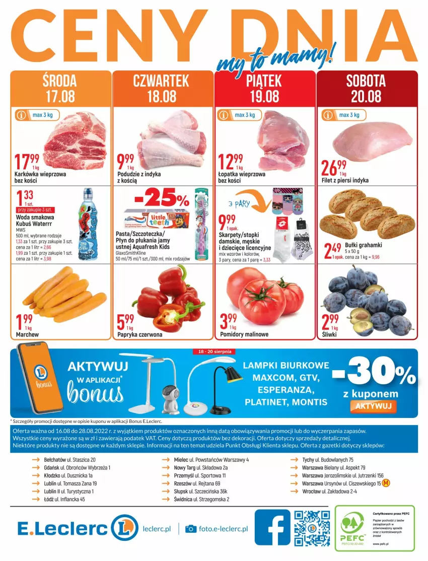 Gazetka promocyjna E Leclerc - ważna 16.08 do 28.08.2022 - strona 32 - produkty: Aquafresh, Biurko, Dzieci, Filet z piersi indyka, Gra, Karkówka wieprzowa, Karp, Kubuś, Kubuś Waterrr, Papier, Papryka, Papryka czerwona, PLATINET, Płyn do płukania, Por, Sport, Szczoteczka, Top, Woda