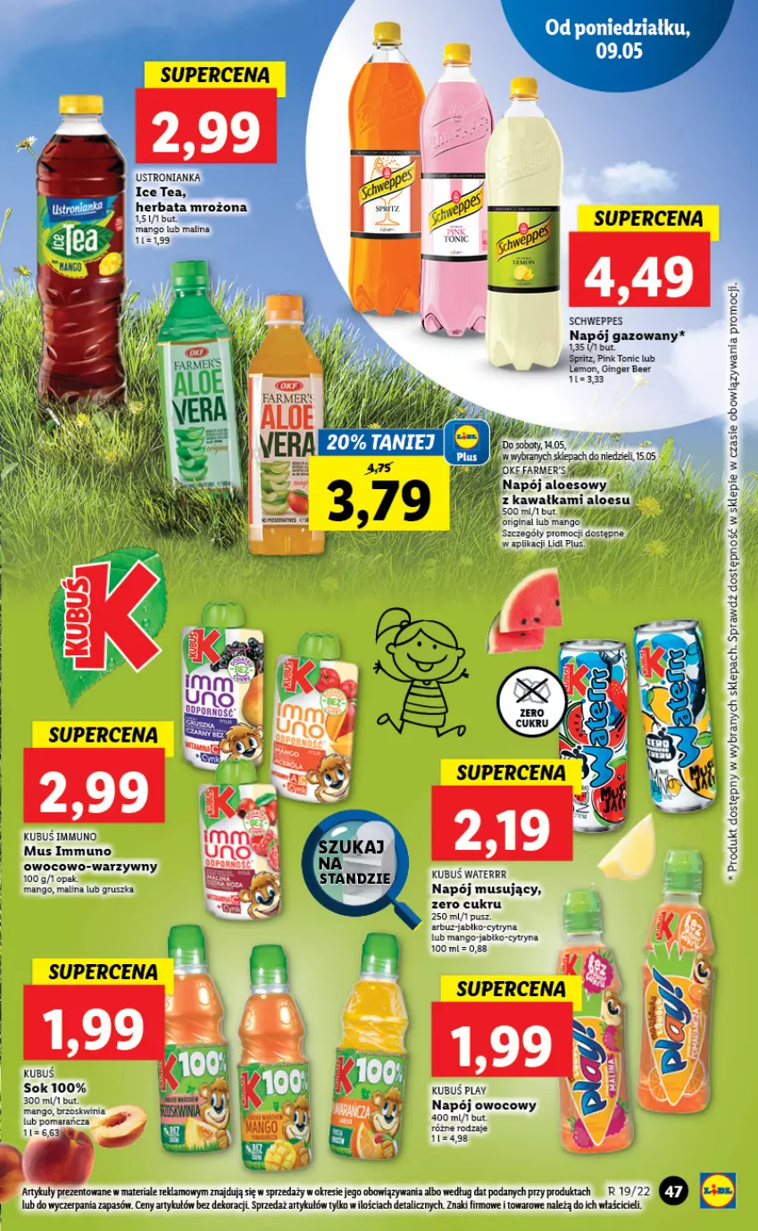 Gazetka promocyjna Lidl - GAZETKA - ważna 09.05 do 11.05.2022 - strona 47 - produkty: Arbuz, Fa, Gin, Ice tea, Kawa, Kubuś, Kubuś Waterrr, Mango, Mus, Napój, Napój gazowany, Napój musujący, Schweppes, Sok