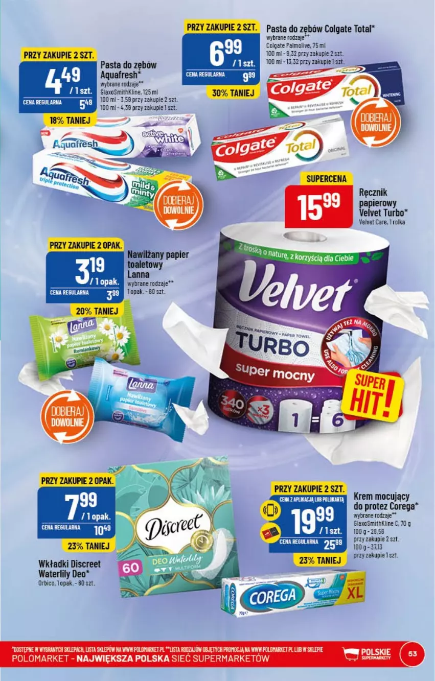 Gazetka promocyjna PoloMarket - Gazetka pomocyjna - ważna 25.01 do 31.01.2022 - strona 53 - produkty: Aquafresh, BIC, Colgate, Colgate Total, Corega, Discreet, LG, Papier, Pasta do zębów, Ręcznik, Velvet, Wkładki