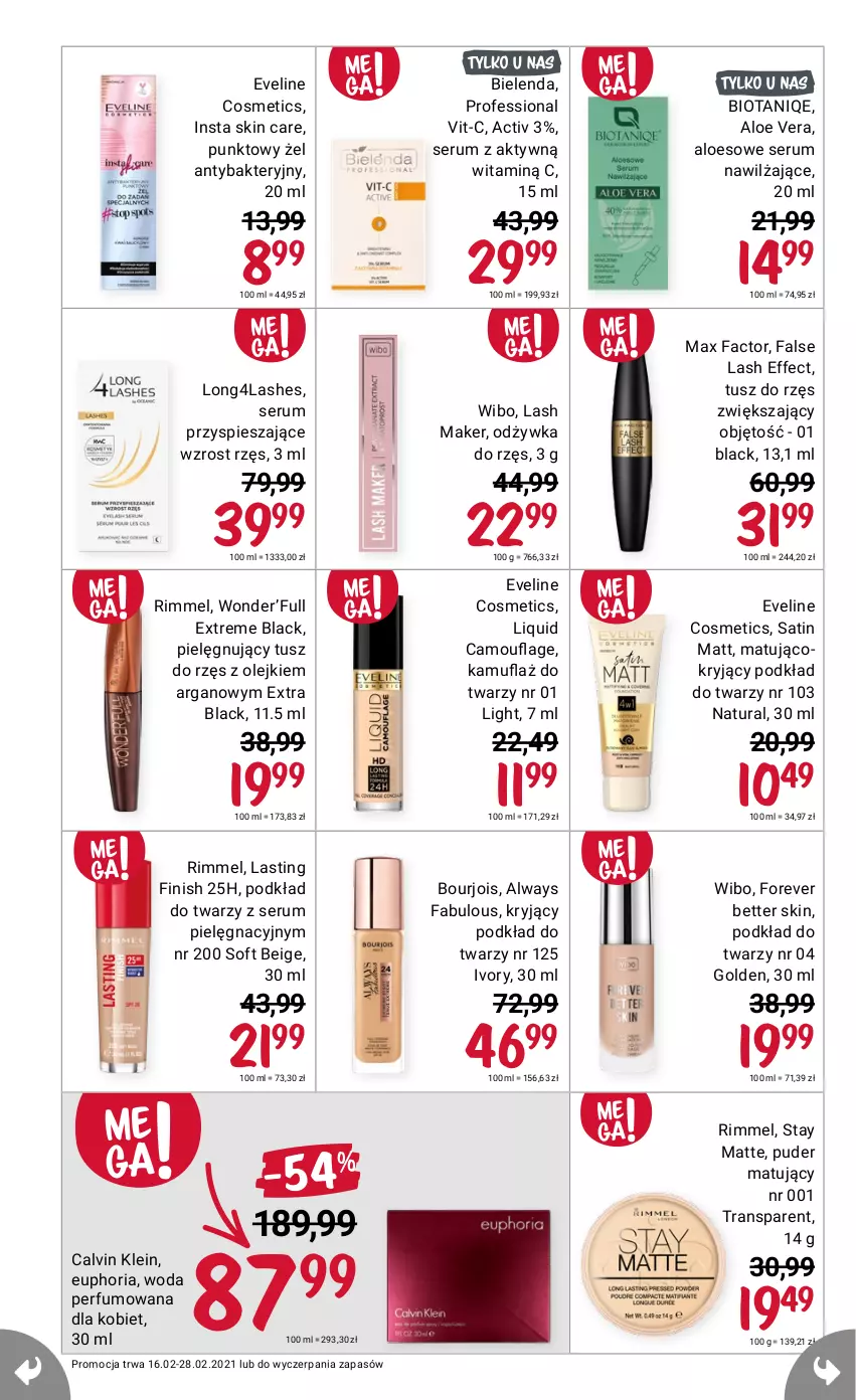 Gazetka promocyjna Rossmann - Luty II - ważna 16.02 do 28.02.2021 - strona 10 - produkty: Aloe vera, Always, Bielenda, Bourjois, Calvin Klein, Eveline, Fa, Lack, Max Factor, Perfum, Puder, Rum, Sati, Ser, Serum, Tran, Wibo, Woda, Woda perfumowana