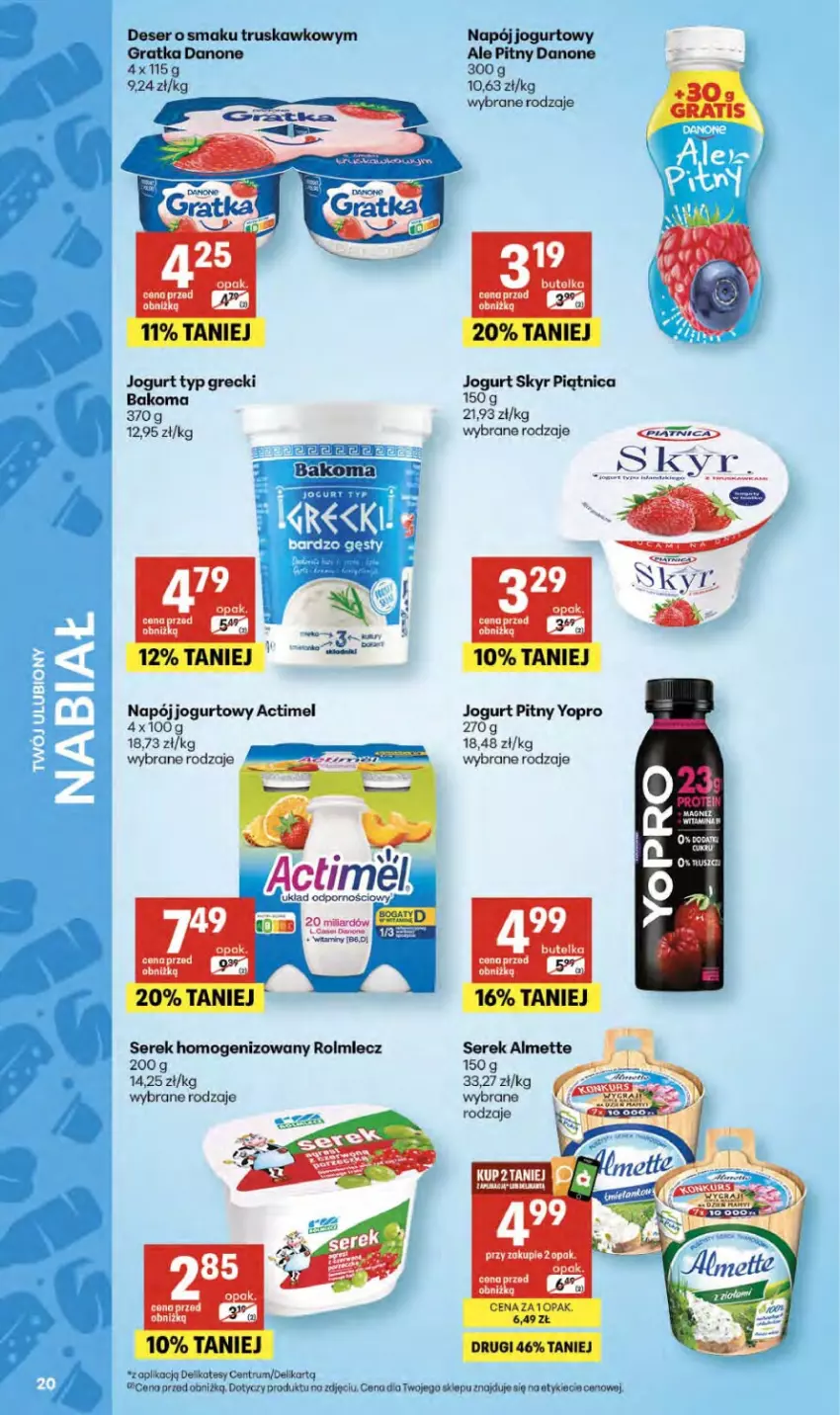 Gazetka promocyjna Delikatesy Centrum - Franczyza DC17 Czwartek - ważna 23.04 do 29.04.2026 - strona 20 - produkty: Actimel, Almette, Bakoma, Danone, Deser, Gra, Jogurt, Jogurt pitny, Miecz, Napój, Napój jogurtowy, Piątnica, Rum, Ser, Serek, Serek homogenizowany