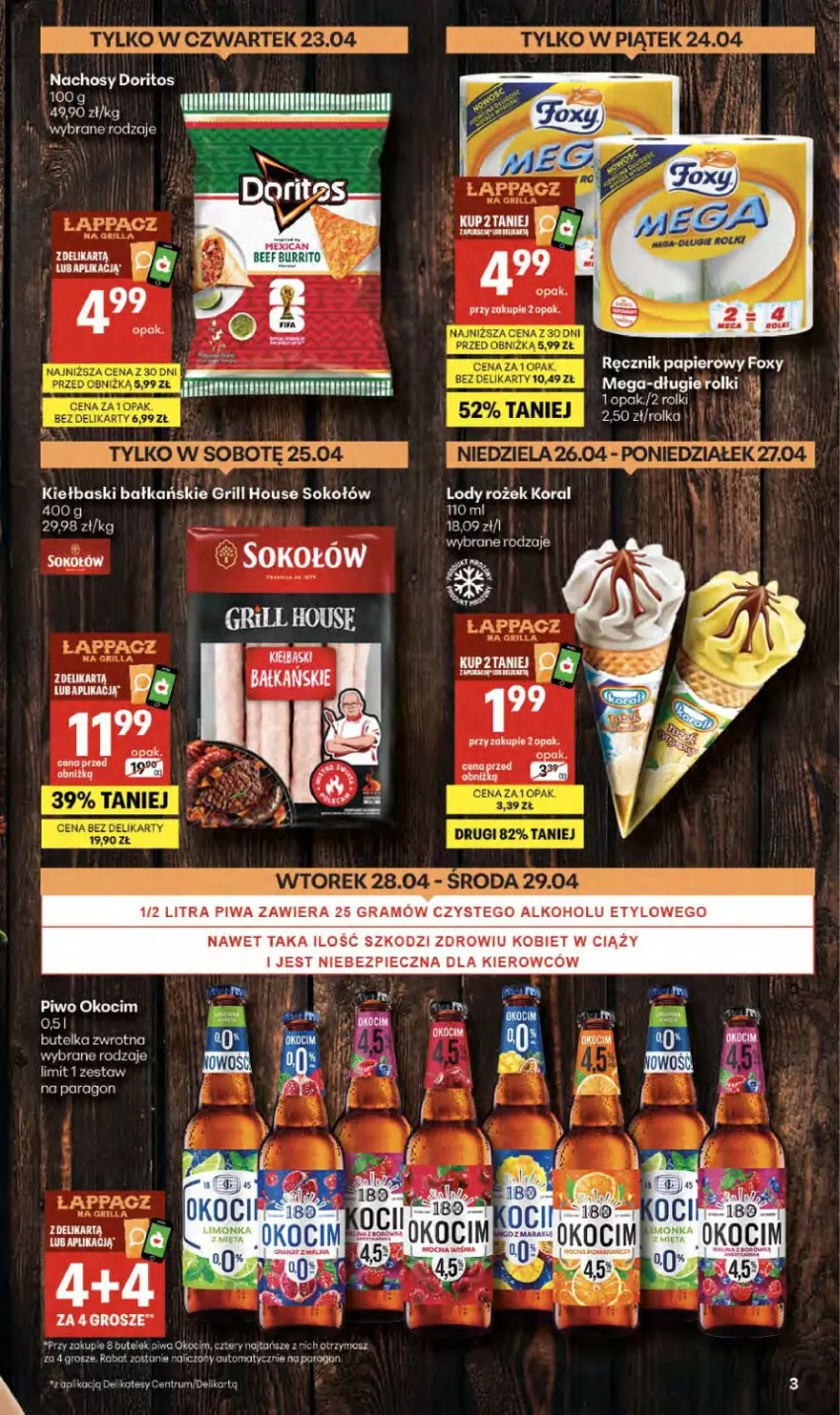 Gazetka promocyjna Delikatesy Centrum - Franczyza DC17 Czwartek - ważna 23.04 do 29.04.2026 - strona 3 - produkty: Foxy, Gra, Grill, Koc, Lody, Okocim, Papier, Piec, Piwa, Piwo, Ręcznik, Robot, Rolki, Rum, Ser, Sok, Sokołów