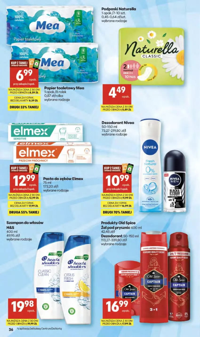 Gazetka promocyjna Delikatesy Centrum - Franczyza DC17 Czwartek - ważna 23.04 do 29.04.2026 - strona 36 - produkty: Dezodorant, Elmex, Naturell, Naturella, Nivea, Old Spice, Papier, Papier toaletowy, Podpaski, Rum, Szampon