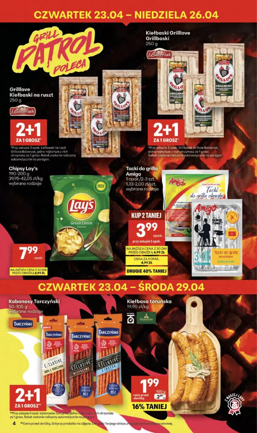 Gazetka promocyjna Delikatesy Centrum - Franczyza DC17 Czwartek - ważna 23.04 do 29.04.2026 - strona 4 - produkty: Chipsy, Grill, Kabanos, Kiełbasa, Por, Tarczyński