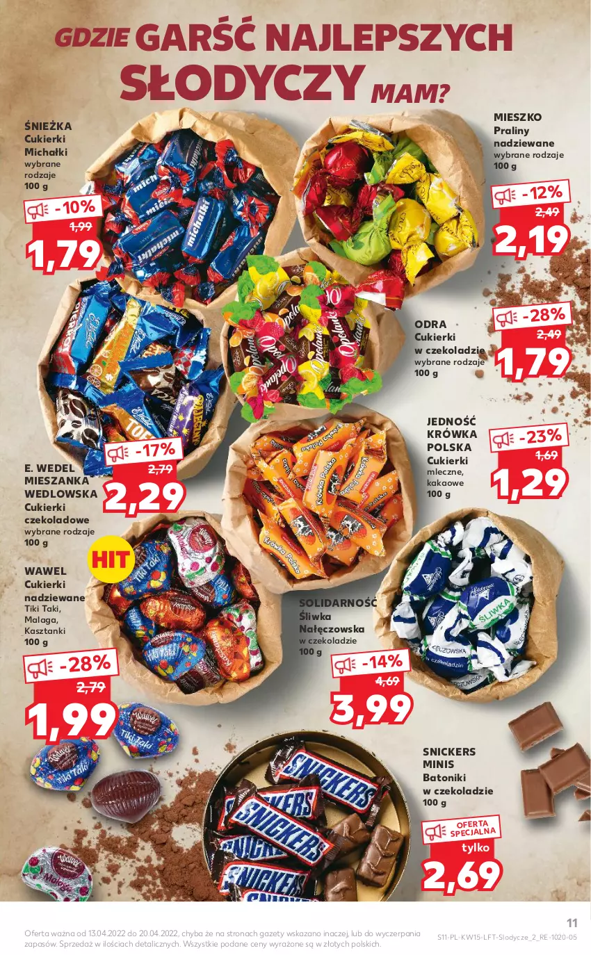 Gazetka promocyjna Kaufland - OFERTA TYGODNIA - ważna 13.04 do 20.04.2022 - strona 11 - produkty: Baton, Cukier, Cukierki, Cukierki czekoladowe, Cukierki nadziewane, E. Wedel, Kakao, Lody, Michałki, Mieszanka wedlowska, Praliny, Snickers, Tonik, Wawel