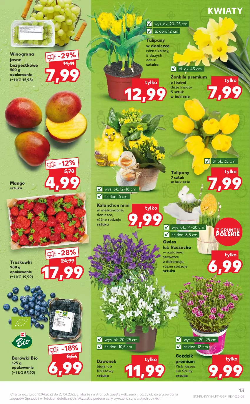 Gazetka promocyjna Kaufland - OFERTA TYGODNIA - ważna 13.04 do 20.04.2022 - strona 13 - produkty: Dzwonek, Grunt, Kalanchoe, Mango, Rzeżucha, Ser, Truskawki, Tulipan, Wino, Winogrona