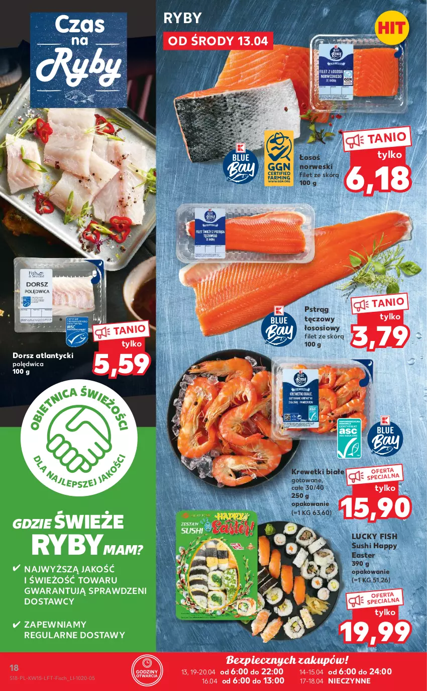 Gazetka promocyjna Kaufland - OFERTA TYGODNIA - ważna 13.04 do 20.04.2022 - strona 18 - produkty: Dorsz, Krewetki, Piec, Polędwica, Pstrąg, Pstrąg tęczowy, Sos, Sushi