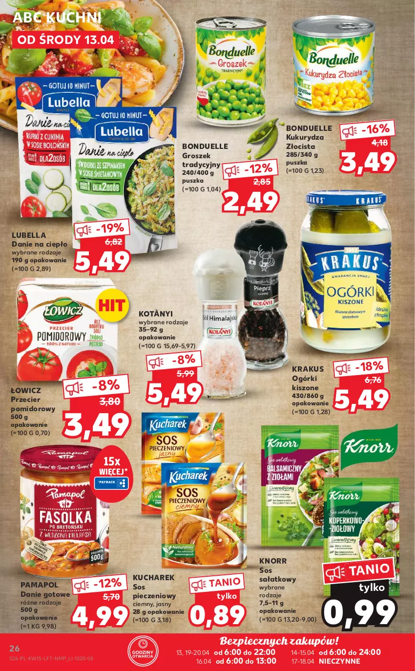 Gazetka promocyjna Kaufland - OFERTA TYGODNIA - ważna 13.04 do 20.04.2022 - strona 26 - produkty: Bell, Bella, Bonduelle, Danie gotowe, Groszek, Knorr, Krakus, Kucharek, Kukurydza, Lubella, Piec, Sałat, Sos, Sos pieczeniowy