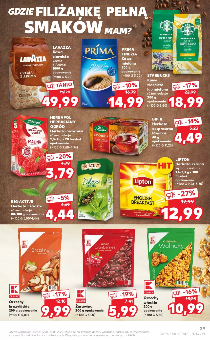 Gazetka promocyjna Kaufland - OFERTA TYGODNIA - ważna 13.04 do 20.04.2022 - strona 29 - produkty: Herbapol, Herbata, Herbata czarna, Herbata owocowa, Kawa, Kawa mielona, Kawa ziarnista, Lavazza, Lipton, Ogród, Orzechy włoskie, Prima