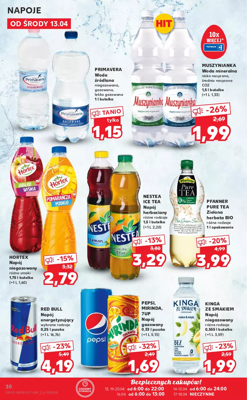 Gazetka promocyjna Kaufland - OFERTA TYGODNIA - ważna 13.04 do 20.04.2022 - strona 30 - produkty: 7up, Fa, Herbata, Hortex, Ice tea, LANA, Mirinda, Mus, Muszynianka, Napój, Napój gazowany, Napój niegazowany, Napoje, Nestea, O nas, Pepsi, Piec, Prima, Primavera, Pur, Red Bull, Woda, Woda mineralna