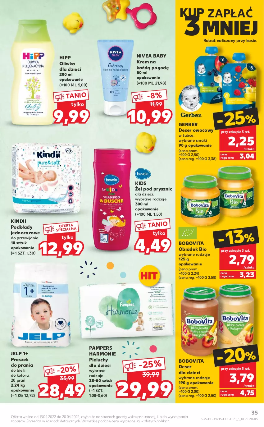 Gazetka promocyjna Kaufland - OFERTA TYGODNIA - ważna 13.04 do 20.04.2022 - strona 35 - produkty: BoboVita, Deser, Deser owocowy, Dzieci, Gerber, HiPP, Kindii, Nivea, Nivea Baby, Oliwka dla dzieci, Pampers, Pieluchy, Podkład, Proszek do prania, Ser