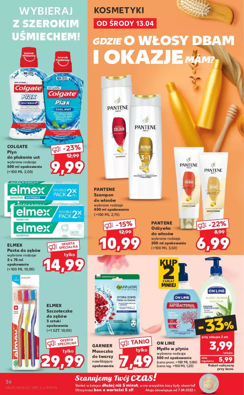 Gazetka promocyjna Kaufland - OFERTA TYGODNIA - ważna 13.04 do 20.04.2022 - strona 36 - produkty: Colgate, Elmex, Garnier, LG, Mydło, Mydło w płynie, Odżywka, Olej, Pantene, Pasta do zębów, Płyn do płukania, Szampon, Szczoteczka, Szczoteczka do zębów