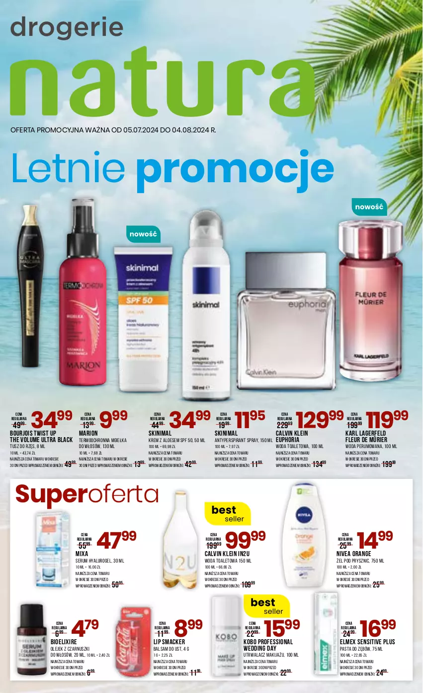 Gazetka promocyjna Drogerie Natura - Gazetka Drogerie Natura - ważna 05.07 do 04.08.2024 - strona 1 - produkty: Antyperspirant, Balsam do ust, Bourjois, Calvin Klein, Elmex, Karl Lagerfeld, KOBO, Lack, Makijaż, Mixa, Nivea, Olej, Pasta do zębów, Rum, Ser, Serum, Tusz, Woda, Woda toaletowa