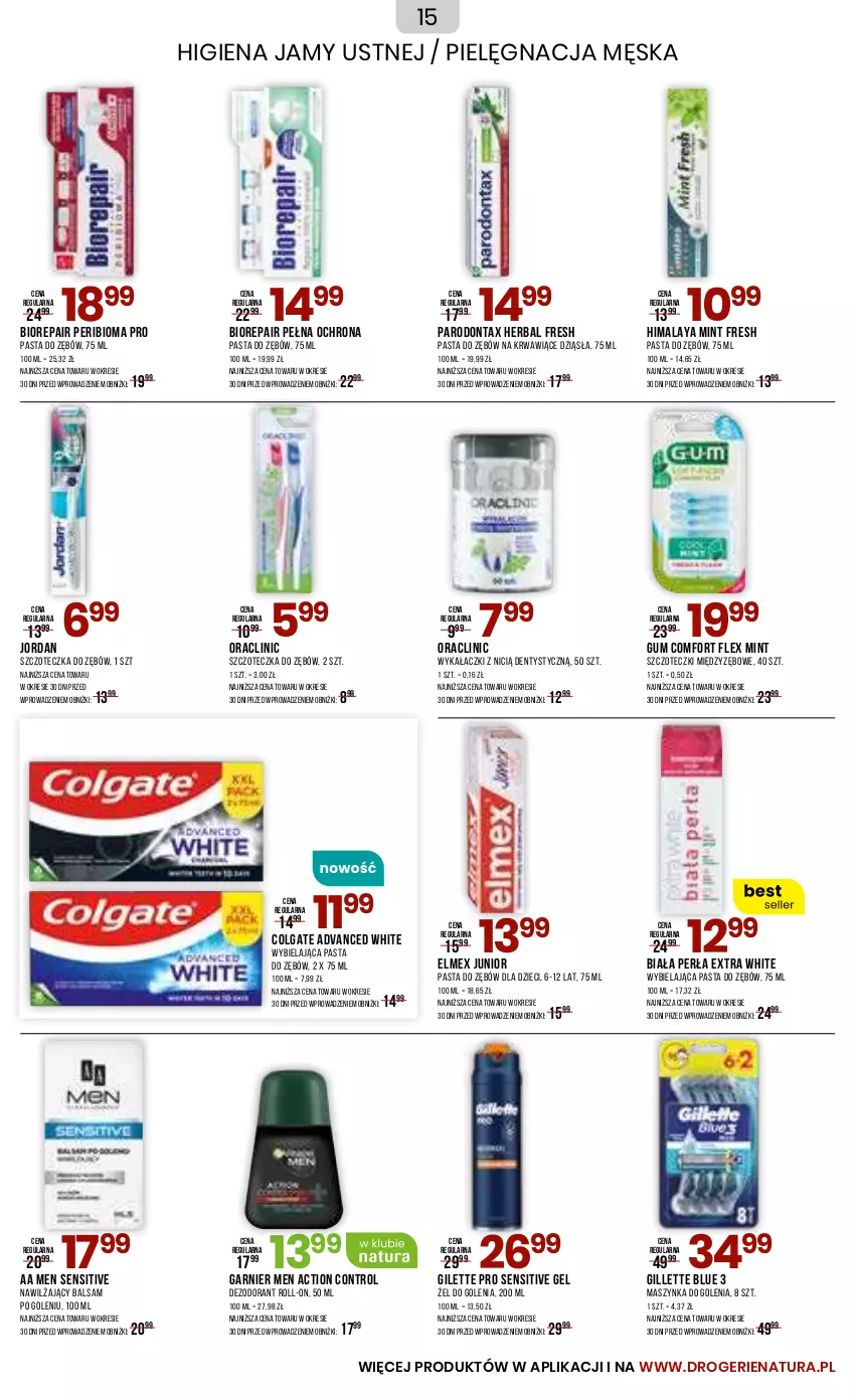 Gazetka promocyjna Drogerie Natura - Gazetka Drogerie Natura - ważna 05.07 do 04.08.2024 - strona 15 - produkty: Balsam po goleniu, Biorepair, Clin, Colgate, Control, Dezodorant, Dzieci, Elmex, Garnier, Gillette, Higiena jamy ustnej, Himalaya, LG, Maszynka, Maszynka do golenia, Nawilżający balsam, Parodontax, Pasta do zębów, Perła, Szczoteczka, Szczoteczka do zębów, Szynka